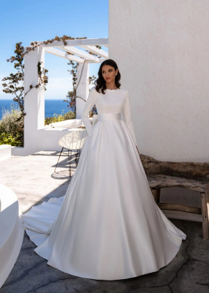 Long Sleeves Ivory Satin Open Back Minimalist Wedding Dress